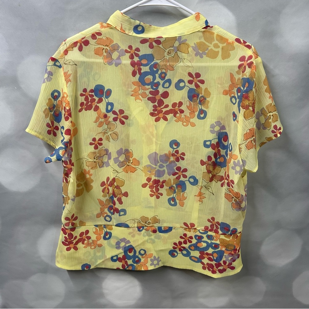 Notations yellow, orange, blue and purple floral button down sheer top - Picture 2 of 6